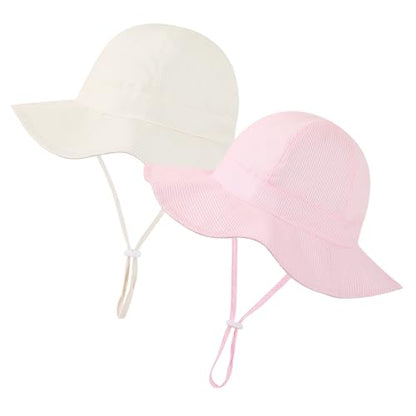 Baby Girl Sun Hat Toddler Beach Hats with UPF 50+ Protective Infant Summer Hat with Wide Brim Baby Girls Bucket Hat - color: Pink Stripe + Beige Stripe, size: 12-24 Months