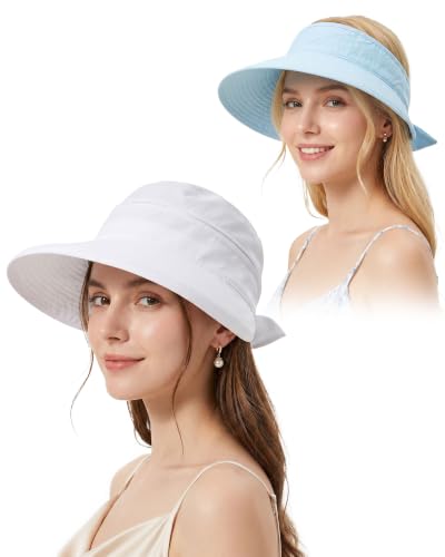 CHUNG 2 Pack Women Sun Visor Hat Wide Brim Summer UV Protection Zip-Off - color: White/Light Blue