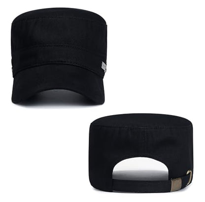 Initlove Cadet Army Cap Military Unisex Flat Top Hat for Men Women - color: Black
