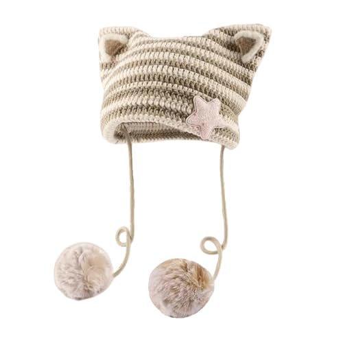 Women Kawaii Cat Ear Beanie Hat with Star Pom Poms Y2K Cute Crochet Goth Grunge Emo Alt Accessories Knit Slouchy Hat - color: Khaki Beige