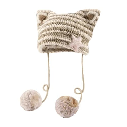 Women Kawaii Cat Ear Beanie Hat with Star Pom Poms Y2K Cute Crochet Goth Grunge Emo Alt Accessories Knit Slouchy Hat - color: Khaki Beige