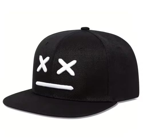 Snapback Cap with Embroidered Face Design, Flat Brim Baseball Hat, Black and White, Adjustable, Unisex Street Style - color: Black