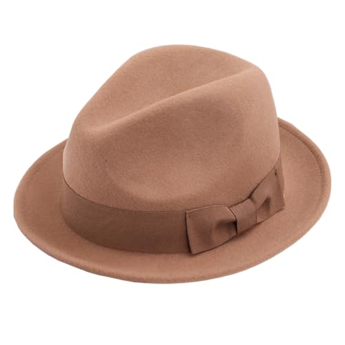 FREEBIRD99 Men's Wool Felt Trilby Hat Short Brim Fedora Hat - color: Bright Brown
