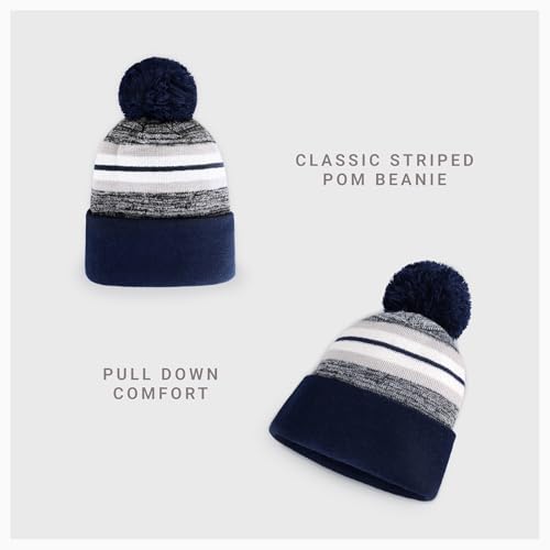 Pom Pom Beanie Cuffed Knit Winter Hat Skull Cap Striped Novelty Men Women - color: (Navy)