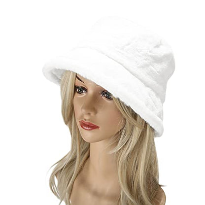 Umeepar Winter Faux Fur Fuzzy Bucket Hat Fluffy Warm Hat for Women Men - color: Plain White