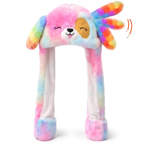 Moving Ear Hat, Soft Funny Animal Hats Jumping Beating Plush Caps Holiday Cosplay Dress Up Gift for Adult - style: Dog_rainbow