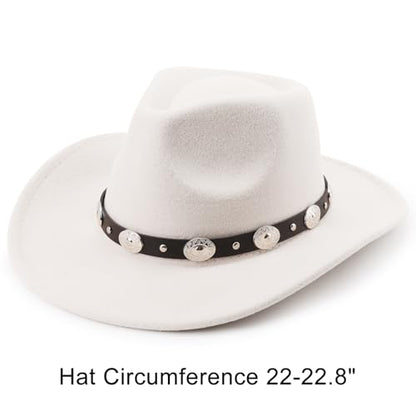 DRESHOW Women Men Classic Felt Wide Brim Western Cowboy & Cowgirl Cap Belt Buckle Retro Panama Hat Unisex Rolled up Caps - color: 1 Pack: White Cowboy Hat (Hat Circumference: 22-22.8")