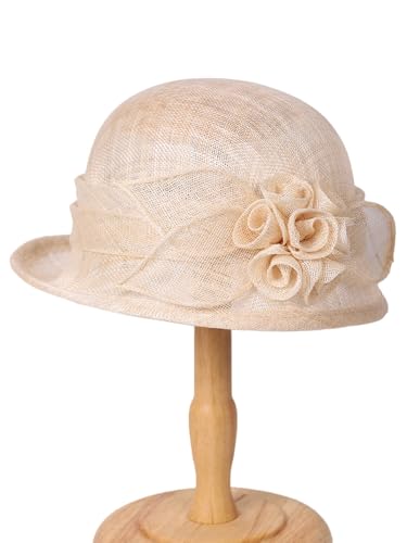 HIMESPORT Retro Sinamay Veil Flower Bride Wedding Fascinator Hat Feather Bowler Hat Hair Accessory Banquet Cocktail Party - color: Khaki