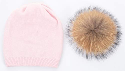 Women's Double Layer Winter Slouchy Knit Beanie Hat with Real Fur Pom Pom - color: Pink