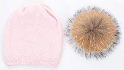 Women's Double Layer Winter Slouchy Knit Beanie Hat with Real Fur Pom Pom - color: Pink