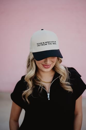KATYDID Please Be Patient with Me I'm from The 1900s Vintage Hat - Womens Trucker Hat - Embroidered Two-Toned Baseball Cap - color: Black/Tan