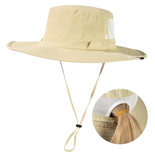 TOP-EX Wide Brim Sun Hat for Women with Ponytail Hole, Packable, S/M-L/XL - color: Khaki, size: Small-Medium