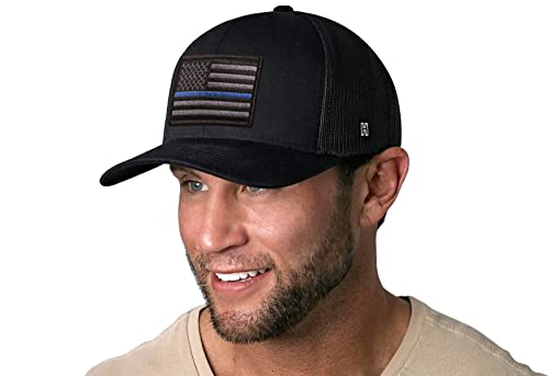 HAKA American Flag Hat | USA Mesh Trucker Snapback Comfort Baseball Cap - color: Black, style: Thin Blue Line (Grey Stripes)