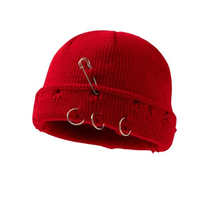 Unisex Adult Hip-hop Distressed Beanie with Iron Ring Punk Grunge Knitted Ripped Hat - color: Red