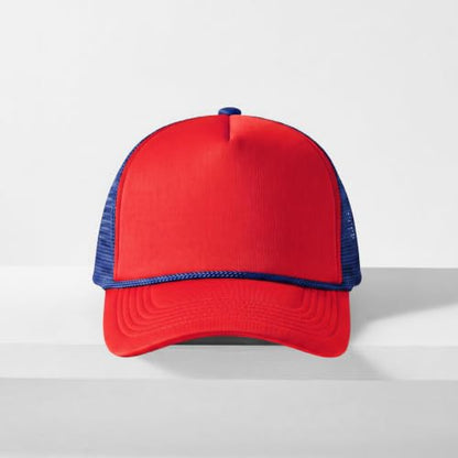 CHOK.LIDS Blank Foam Trucker Hat, Retro Mesh Rope Snapback Cap, Men Women - color: Curved Brim (Red/Royal)