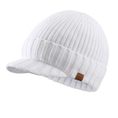 Home Prefer Men's Winter Hat Thick Knit Beanie Cap with Visor Newsboy Beanie Hat - color: White