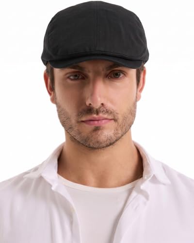 ZLYC Men Cotton Flat Cap Summer Scally Newsboy Beret Driver Hat - color: Back Buckle Black