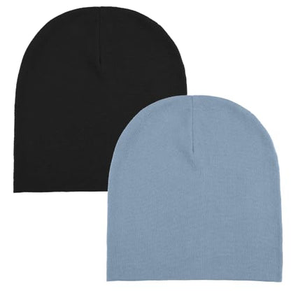 ROYBENS Thin 100% Cotton Beanie for Men Women Lightweight Slouchy Chemo Hat - color: 2pcs (Black+ Denim Blue)