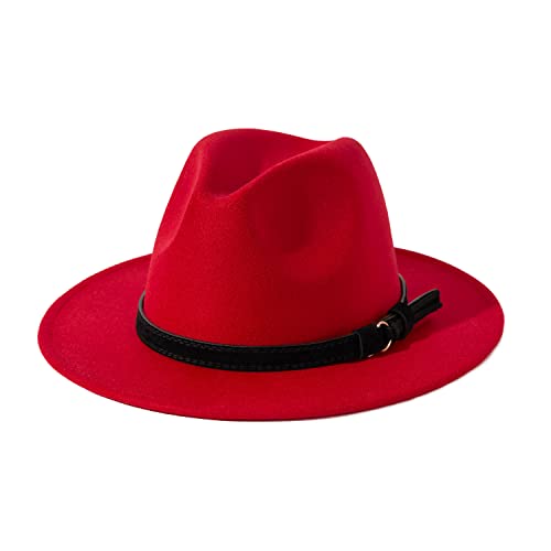 Lisianthus Men & Women Vintage Wide Brim Fedora Hat - color: Z Black Belt-red, size: Medium