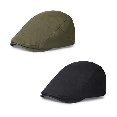 2Pcs Men's Newsboy Cap Cotton Flat Ivy Gatsby Driving Hat - color: 2b3-black+armygreen