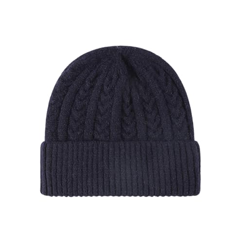 Winter Cable Knit Hat Elasticity Cuffed Thick Soft Beanie Skull Cap for Women Men - color: Navy Blue