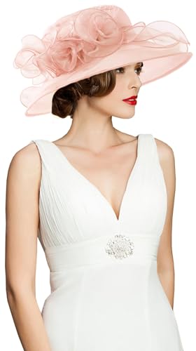 Women's Kentucky Derby Church Dress Hat Wide Brim Leaf Flower Bridal Shower Hat - color: A2-light Pink