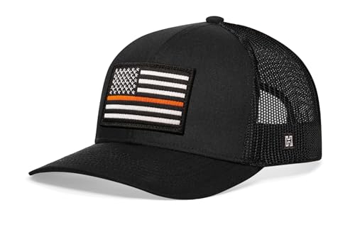 HAKA American Flag Hat | USA Mesh Trucker Snapback Comfort Baseball Cap - color: Black, style: Thin Orange Line