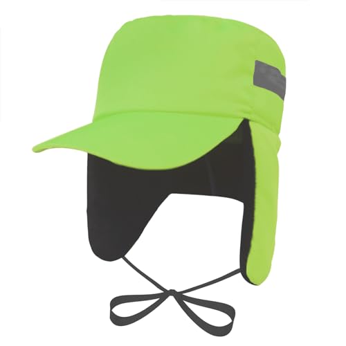 High Visibility Winter Ski Cap Warm Fleece Lined Pilot Visor Cap Windproof Earflap Peruvian Hunting Trapper Hat - color: Neon Green