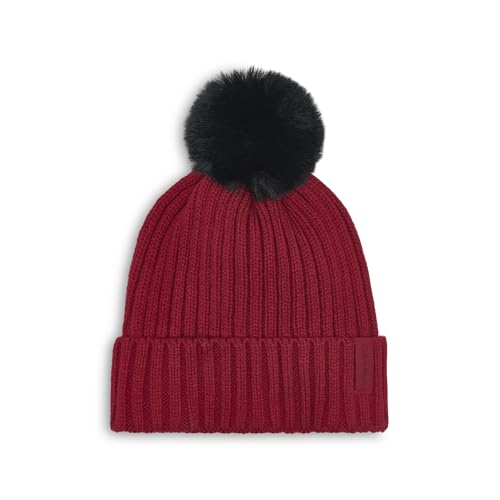 Calvin Klein Women's Faux Fur Pom Winter Beanie with Velboa Fleece Lining - color: Rouge