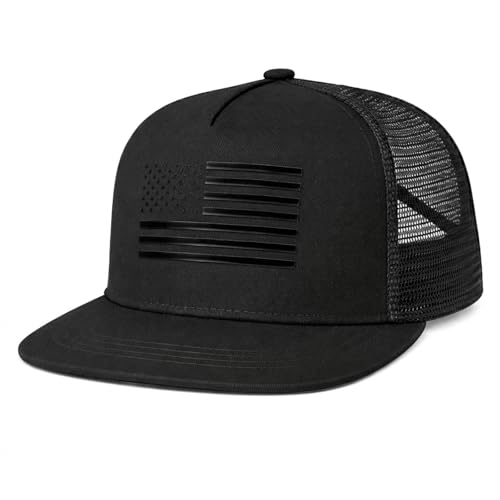 BROMZ Kids Youth American Flag Trucker Hat Flat Bill, Breathable Mesh Back Snapback Baseball Cap for Boys Girls 5-15 Years - color: Black/Black Flag