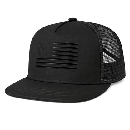 BROMZ Kids Youth American Flag Trucker Hat Flat Bill, Breathable Mesh Back Snapback Baseball Cap for Boys Girls 5-15 Years - color: Black/Black Flag
