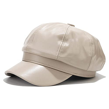 Womens PU Leather Newsboy Cap Paperboy Newsie Cap Bakerboy Beret Cabbie Hat - color: Beige