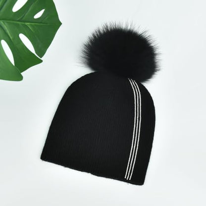 Women's Knitted Angora Wool Hat for Autumn and Winter Warm and Stylish with Rolled Brim and Slanted Rhinestones Cap - color: A-black