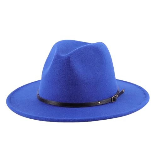 Unisex Adjustable Belt Buckle Wide Brim Fedora Hat, Felt Panama Hat for Men Women Formal Casual Wear - color: Blue