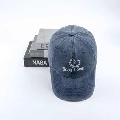 Embroidered Book Lover Baseball Cap for Men Women, Funny Washed Cotton Classic Dad Hat, Reading Lover Gift Idea - color: Book Lover, Navy Blue