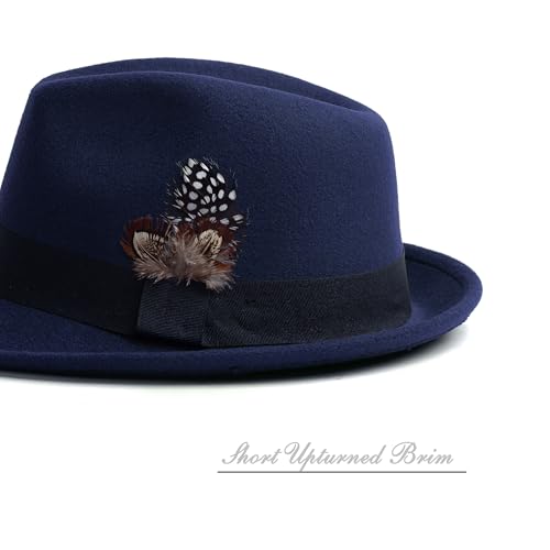 Short Brim Fedora Hat for Men Women Felt Trilby with Feather - color: Navy