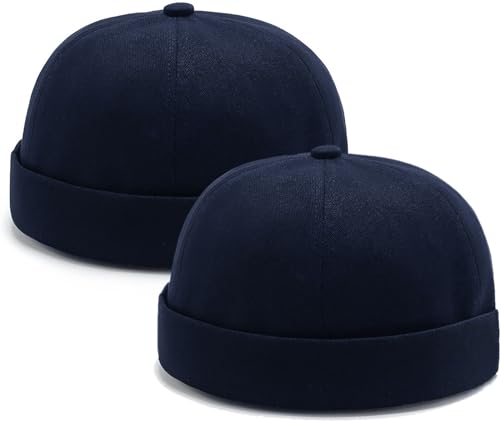 2 Pcs Mens Brimless Docker Cap Set - Retro Worker Sailor Skull Cap Beanie with Rolled Cuff - color: Navy Blue