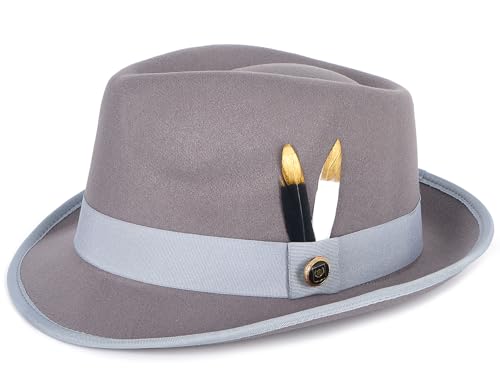 Fedora Hats for Men & Women Short Brim Felt hat Trilby Fedora with Feather Panama Dress Hat - color: Grey, size: Large