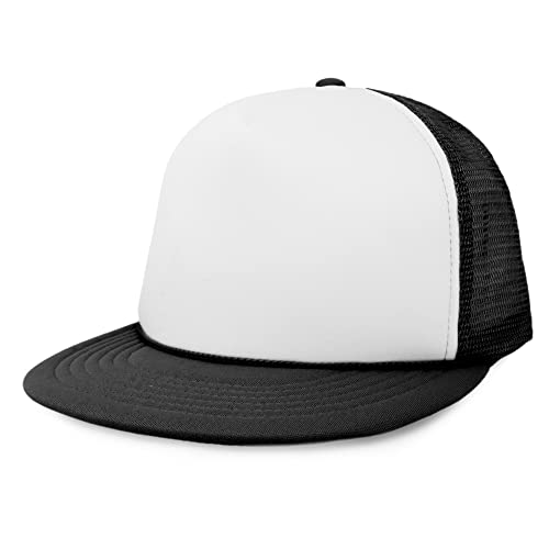 DALIX Flat Billed Trucker Hat Mesh Back S M L Adjustable Cap Solid Two Toned Snapback - color: Black-white, size: One Size