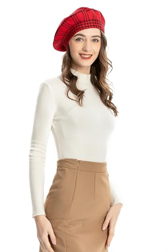 ZLYC Women French Beret Hat Reversible Knit Thickened Warm Artist Cap - color: Checkered Red