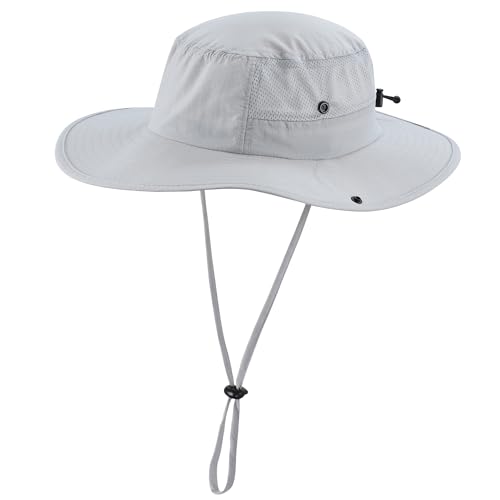 Home Prefer UPF50+ Mens Sun Hat Wide Brim Womens UV Protection Beach Bucket Hat for Fishing Hiking Snap Up Cowboy Hat - color: Light Grey