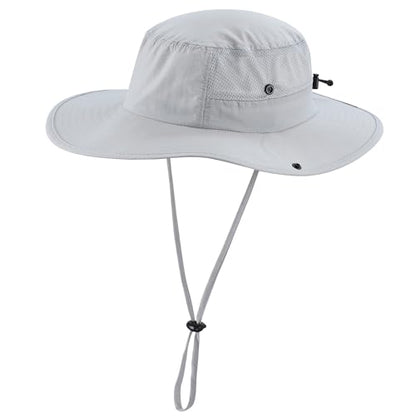 Home Prefer UPF50+ Mens Sun Hat Wide Brim Womens UV Protection Beach Bucket Hat for Fishing Hiking Snap Up Cowboy Hat - color: Light Grey