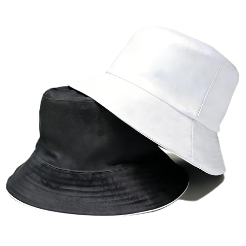 Bucket Hat for Men and Women 2-in-1 Reversible Sun Protection Fashion Flat Top Cap for Fishing Travel Beach Sports - color: White-black