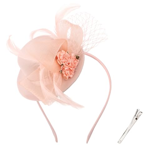 AMCAMI Fascinators Hats for Women Girls 2026 Derby Hats Tea Party Hat with Headband and Clip - color: Nude Pink