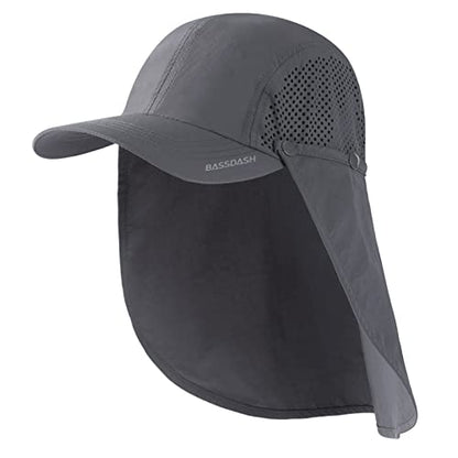 BASSDASH UPF 50+ Fishing Hat, Baseball Cap with Removable Neck Flap - color: Dark Grey With Unfoldable Brim