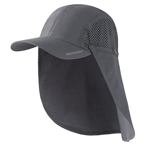 BASSDASH UPF 50+ Fishing Hat, Baseball Cap with Removable Neck Flap - color: Dark Grey With Unfoldable Brim