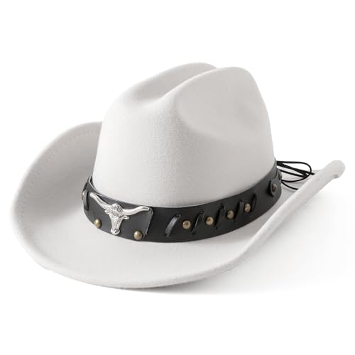 Lanzom Cowboy Hat for Women and Men with Shapeable Wide Brim Felt Western Hats for Cowboys and Cowgirls - color: White