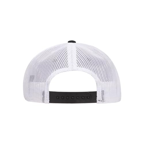 Ashen Fane 6 Panel Mid Profile Mesh Back Structured Trucker Adjustable Snapback Hat - color: Blk/Blk/Wht