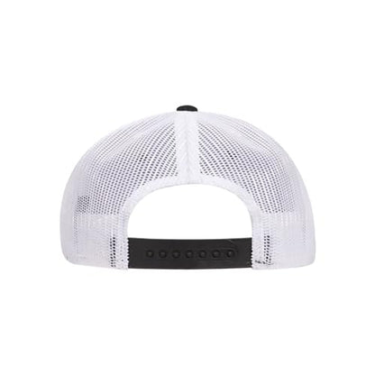 Ashen Fane 6 Panel Mid Profile Mesh Back Structured Trucker Adjustable Snapback Hat - color: Blk/Blk/Wht