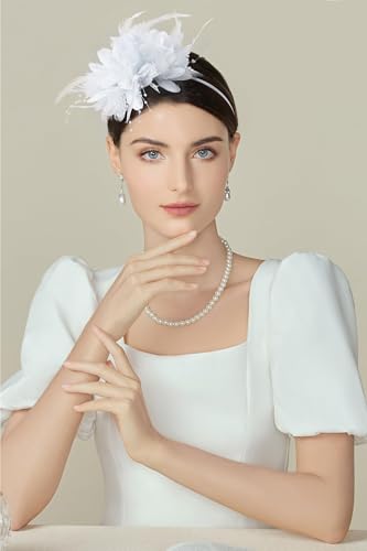 BABEYOND Flower Feather Beads Fascinator Headband for Women Derby Headpiece - color: White